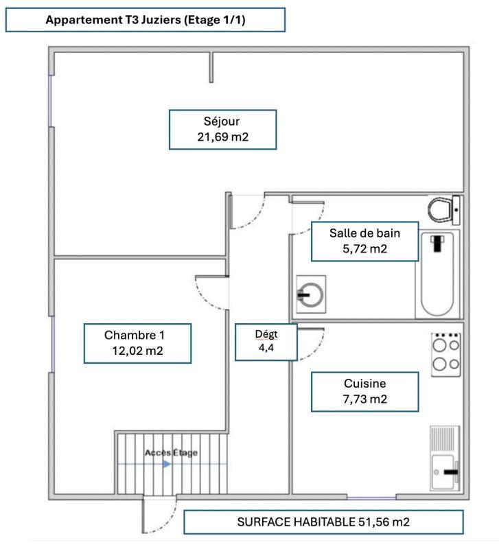 Appartement - 52 m² - 3 pièces
