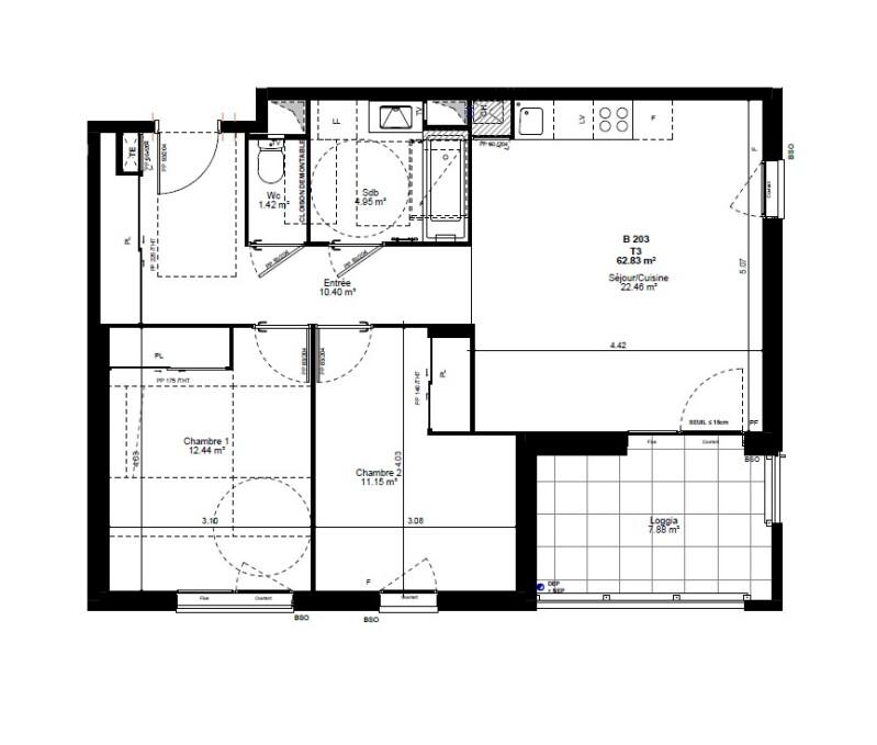 Appartement - 62 m² - 3 pièces