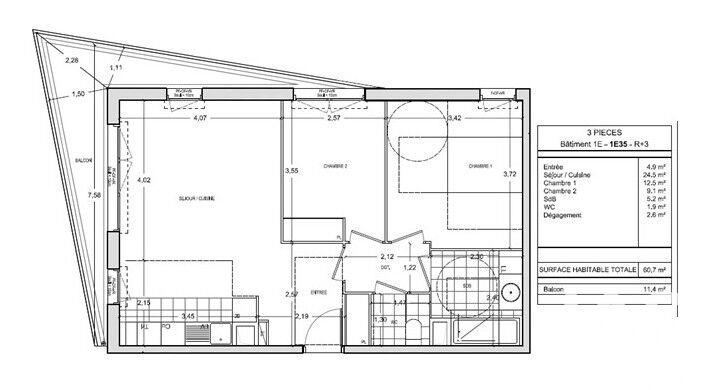 Appartement - 61 m² - 3 pièces