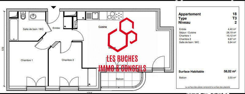 Appartement - 58 m² - 3 pièces