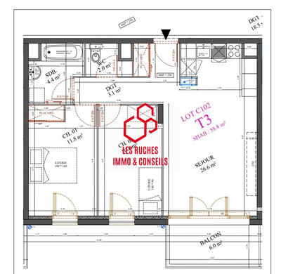 Appartement - 59 m² - 3 pièces
