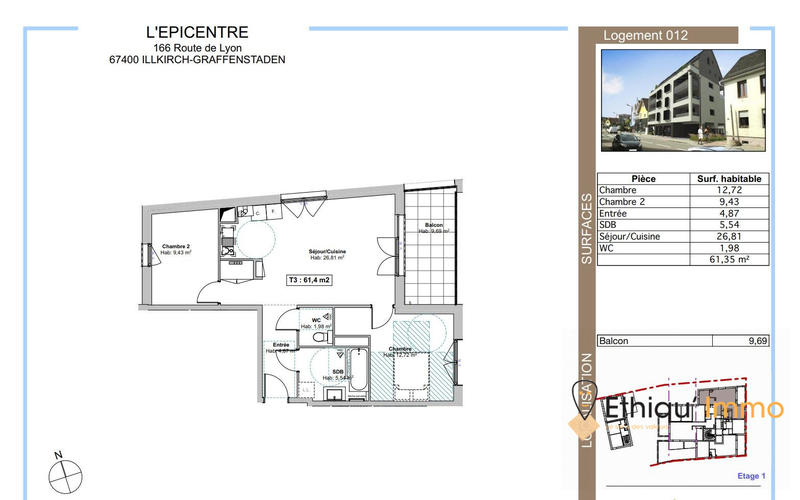 Appartement - 61 m² - 3 pièces