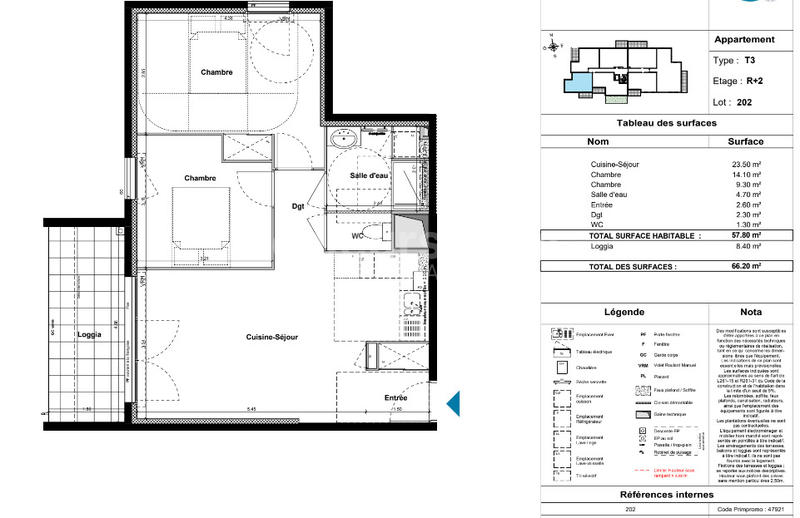 Appartement - 57 m² - 3 pièces
