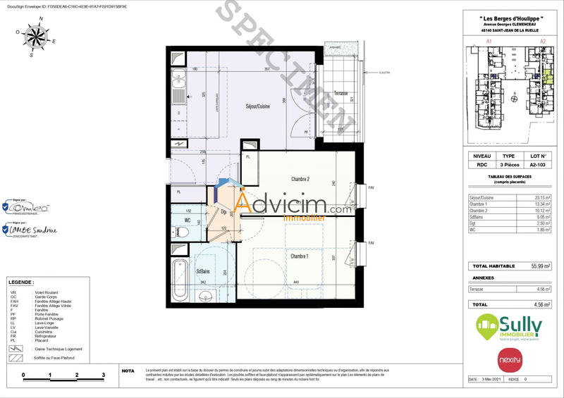 Appartement - 56 m² - 3 pièces