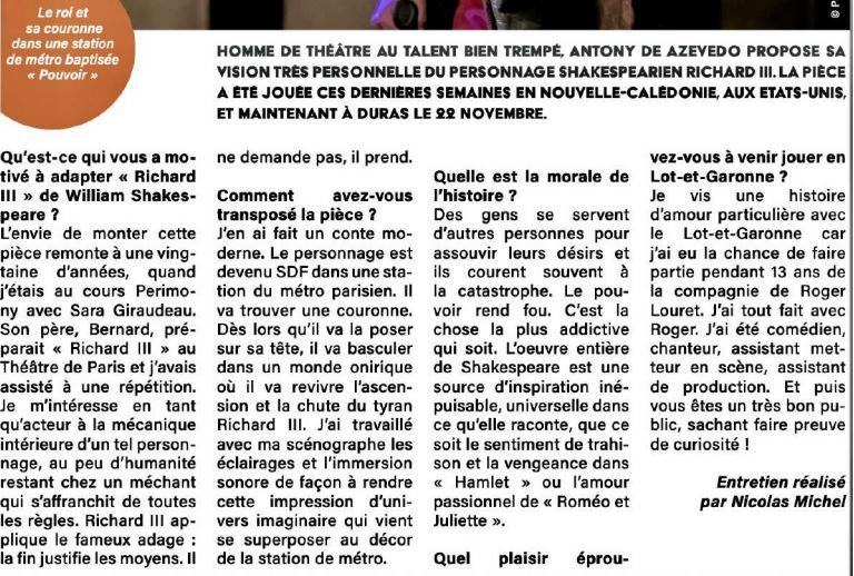 Théâtre &quot;Richard&quot; avec Antony de Azevedo et Ludivine Cornec