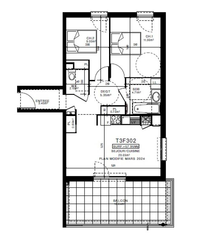 Appartement - 57 m² - 3 pièces