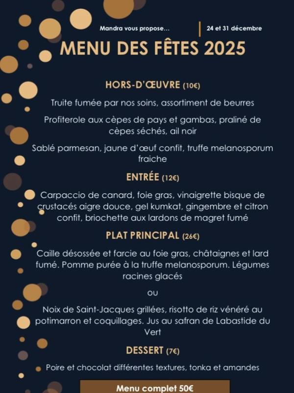 Menu de fêtes à emporter à Mandra Roulotte Fumante