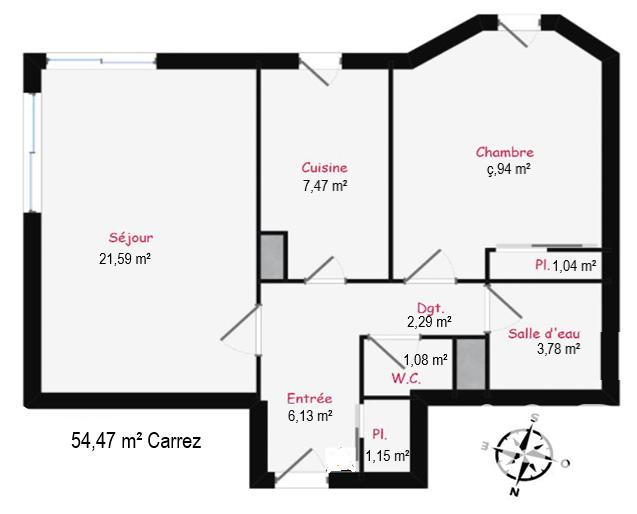 Appartement - 54 m² - 2 pièces
