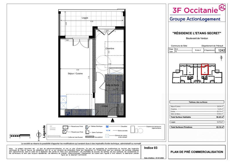 Appartement - 50 m² - 2 pièces