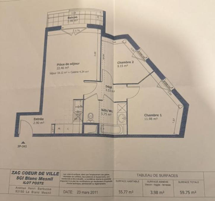 Appartement - 55 m² - 3 pièces