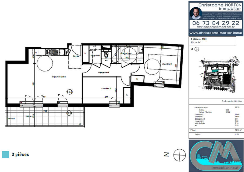 Appartement - 75 m² - 3 pièces