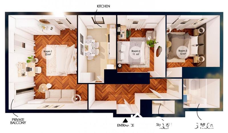 Chambre - 12 m² - 1 pièce