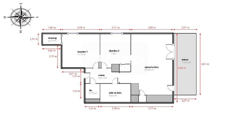 Appartement - 59 m² - 3 pièces