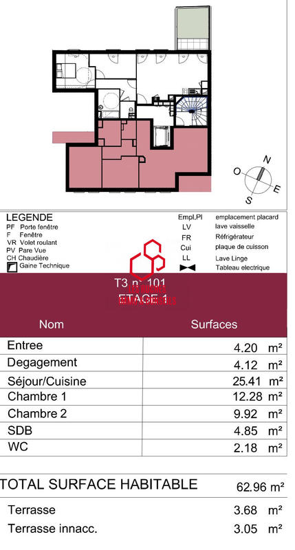 Appartement - 63 m² - 3 pièces