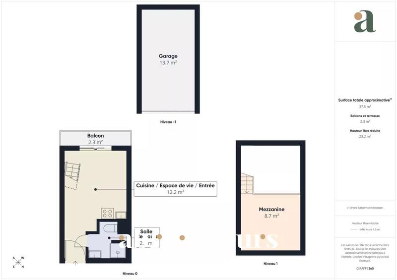 Studio - 14 m² - 1 pièce