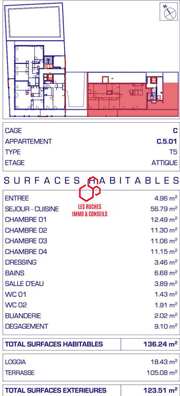 Appartement - 136 m² - 5 pièces