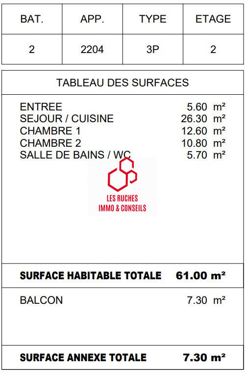 Appartement - 61 m² - 3 pièces