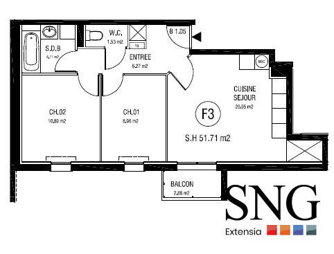 Appartement - 52 m² - 3 pièces