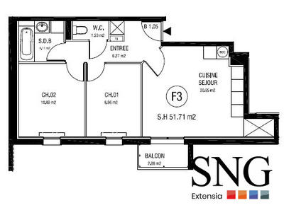 Appartement - 52 m² - 3 pièces