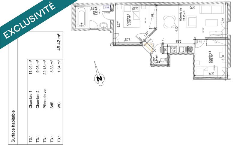 Appartement - 50 m² - 3 pièces