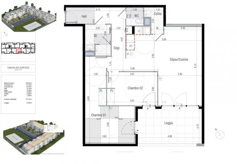 Appartement - 75 m² - 3 pièces
