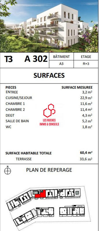 Appartement - 60 m² - 3 pièces