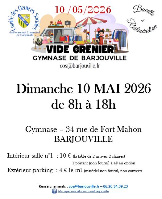 Vide grenier cos barjouville interieur et exterieur 10 mai 2026