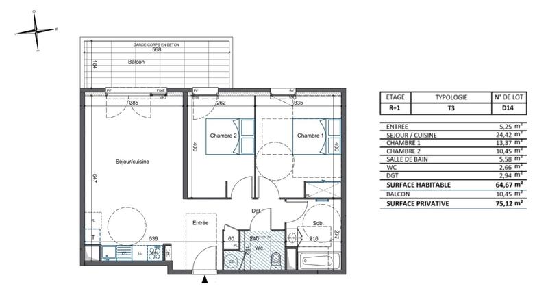 Appartement - 65 m² - 3 pièces