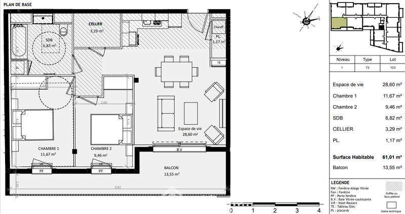 Appartement - 61 m² - 3 pièces