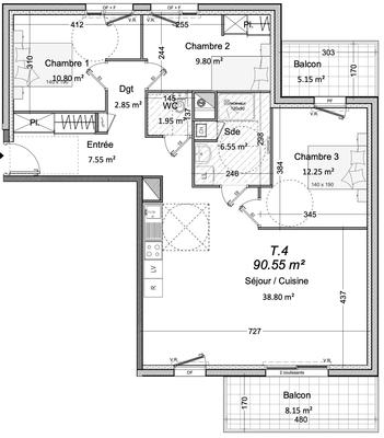 Appartement - 91 m² - 4 pièces