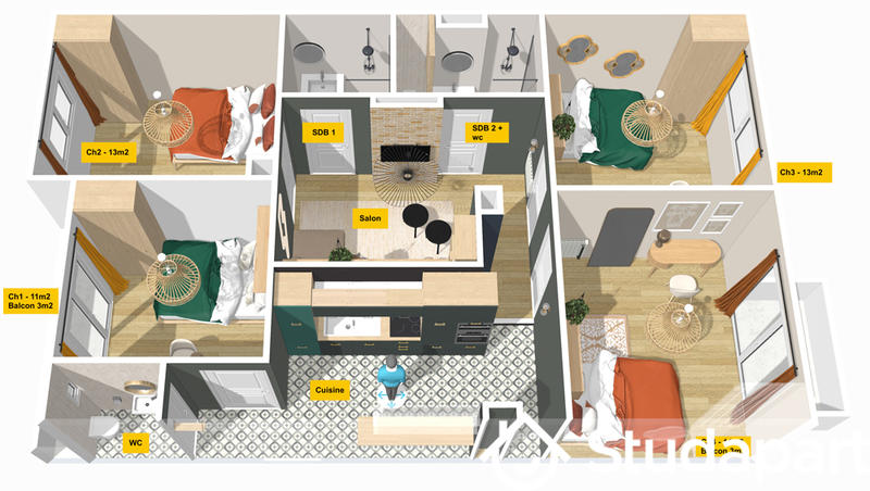 Chambre - 14 m² - 1 pièce