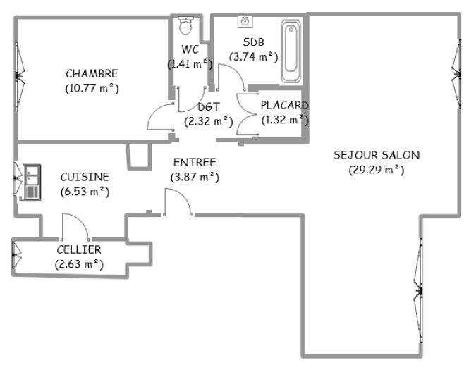 Appartement - 61 m² - 2 pièces
