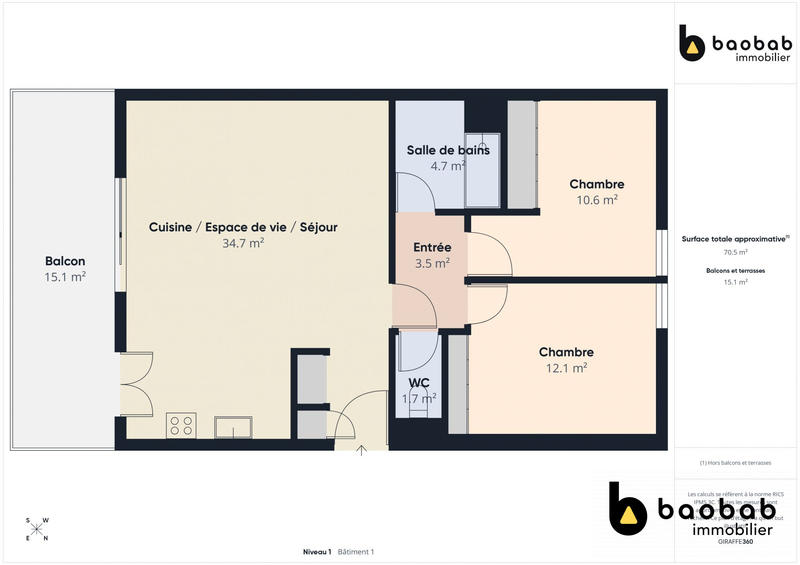 Appartement - 70 m² - 3 pièces