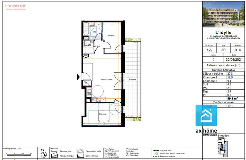 Appartement - 59 m² - 3 pièces