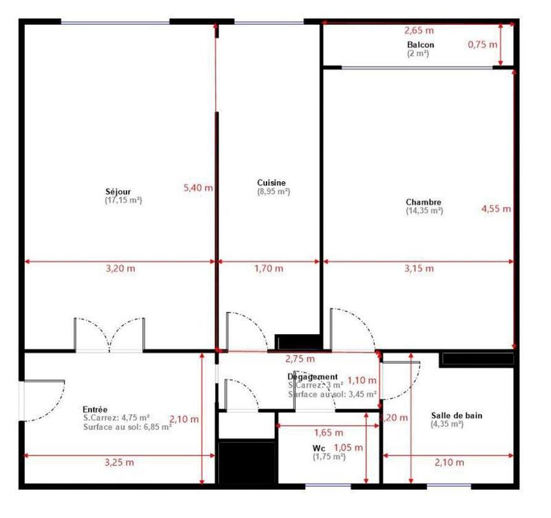 Appartement - 57 m² - 2 pièces