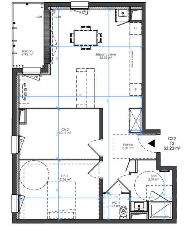 Appartement - 63 m² - 3 pièces