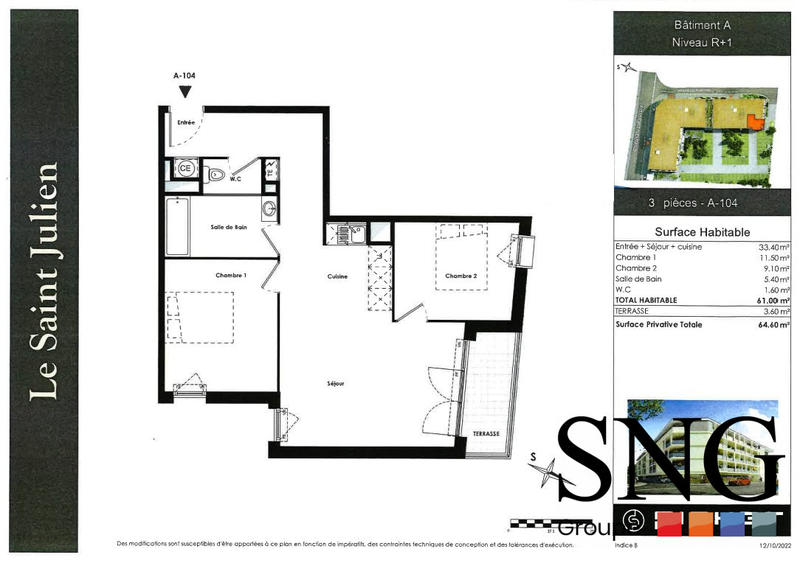 Appartement - 61 m² - 3 pièces