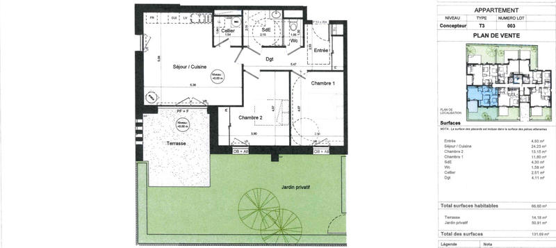 Appartement - 67 m² - 3 pièces