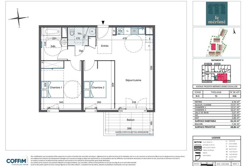 Appartement - 62 m² - 3 pièces