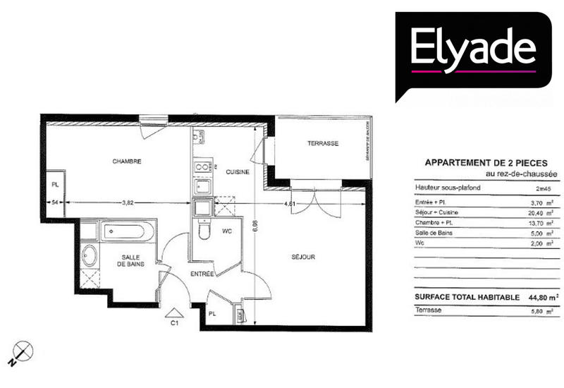 Appartement - 45 m² - 2 pièces