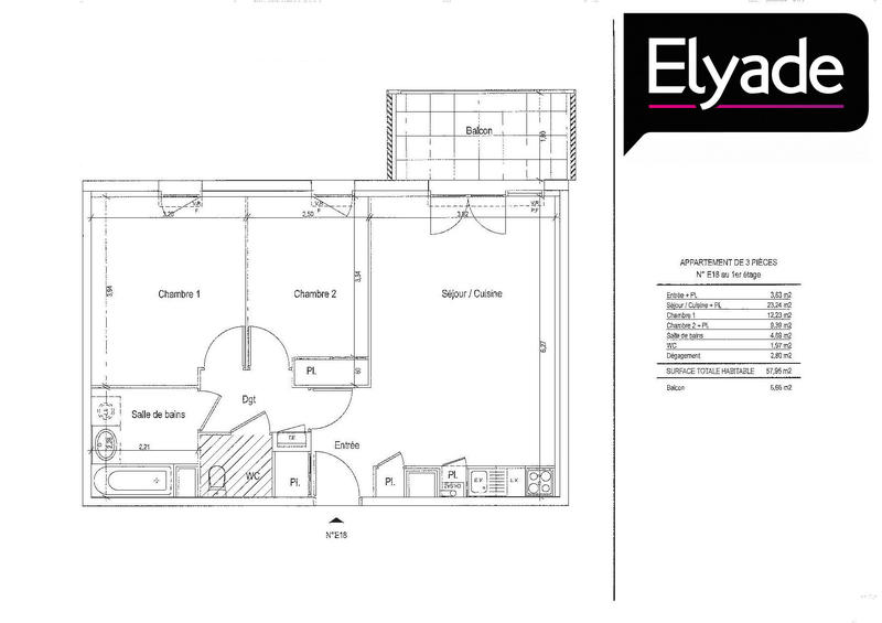 Appartement - 59 m² - 3 pièces