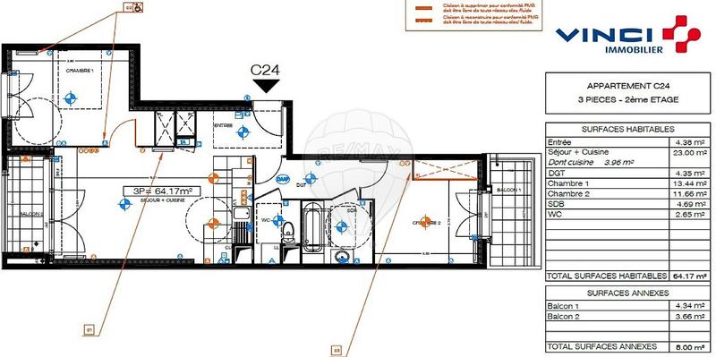 Appartement - 66 m² - 3 pièces