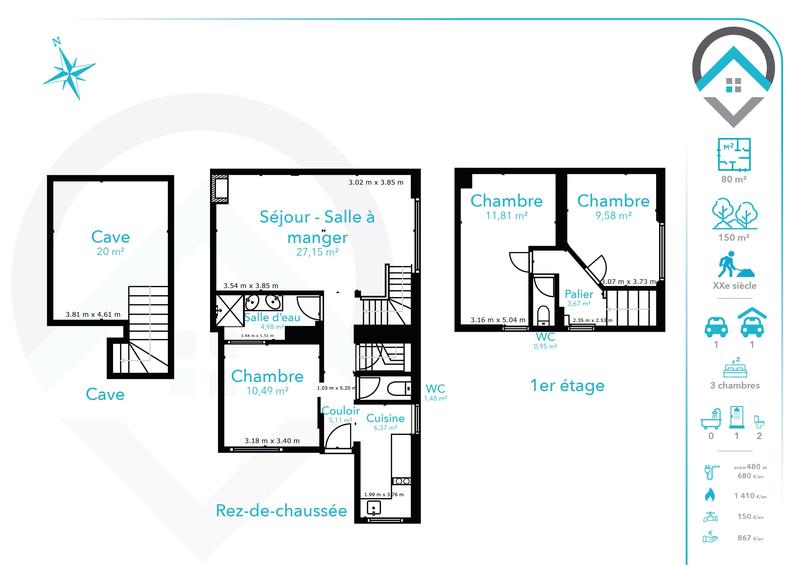 Maison de ville - 80 m² - 4 pièces