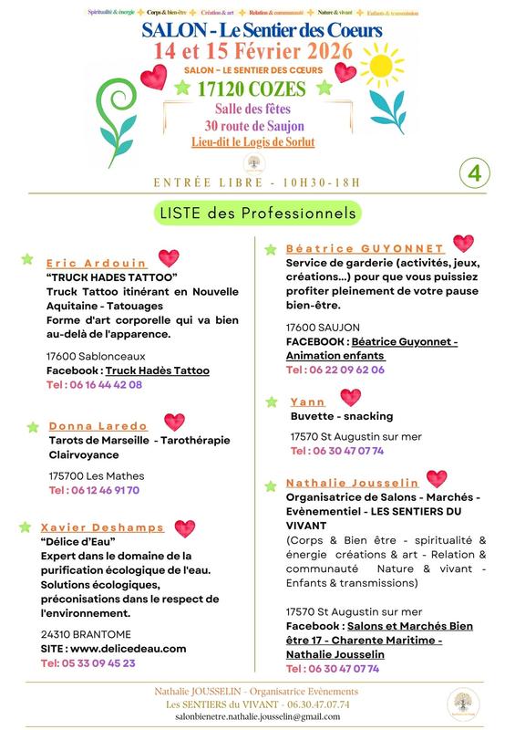 Salon Bien Être -Corps-Spiritualite-Createurs-Voyance-Commercants 14 et 15 Février - 17120 Cozes - le sentier des Coeurs