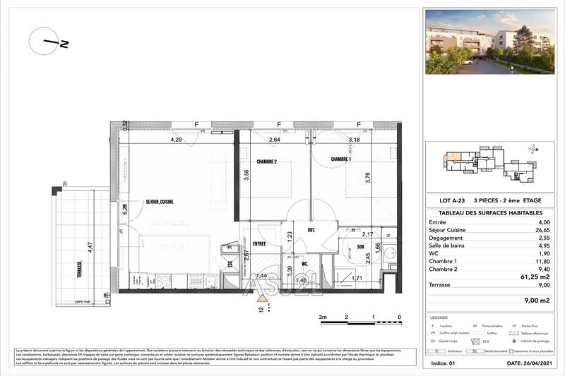 Appartement - 61 m² - 3 pièces