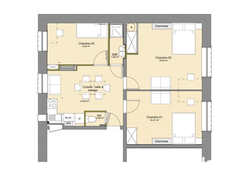 Chambre - 15 m² - 1 pièce