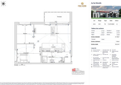 Appartement - 62 m² - 2 pièces