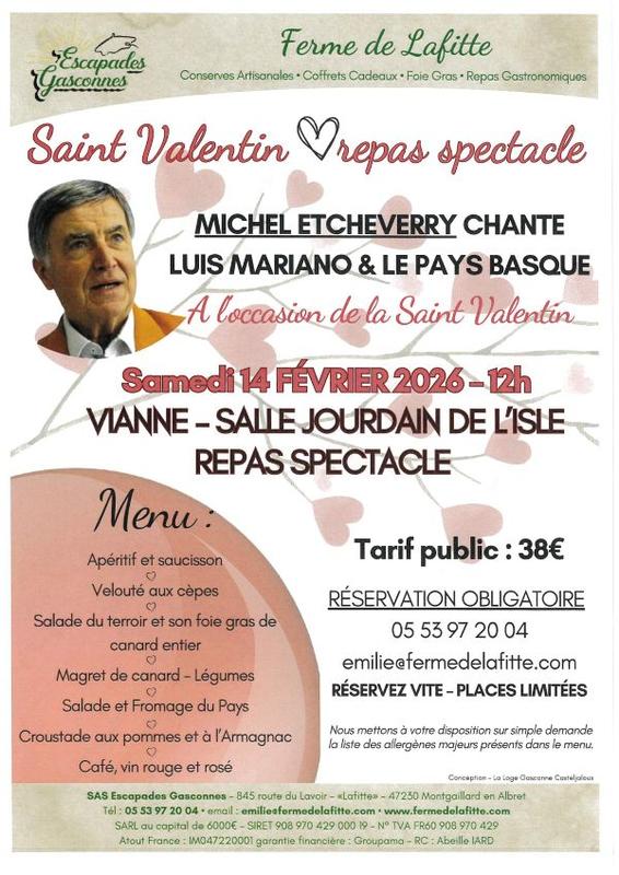 Saint Valentin à la ferme de Lafitte : Repas spectacle avec Michel Etcheverry
