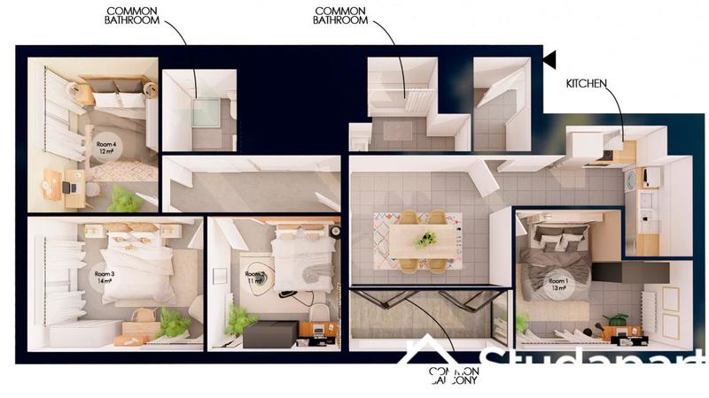 Chambre - 12 m² - 1 pièce