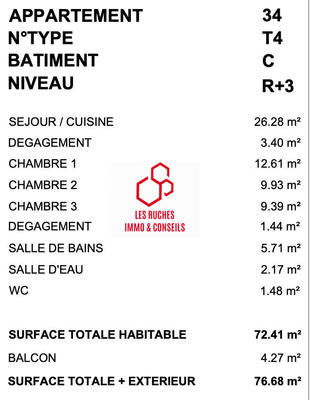 Appartement - 72 m² - 4 pièces
